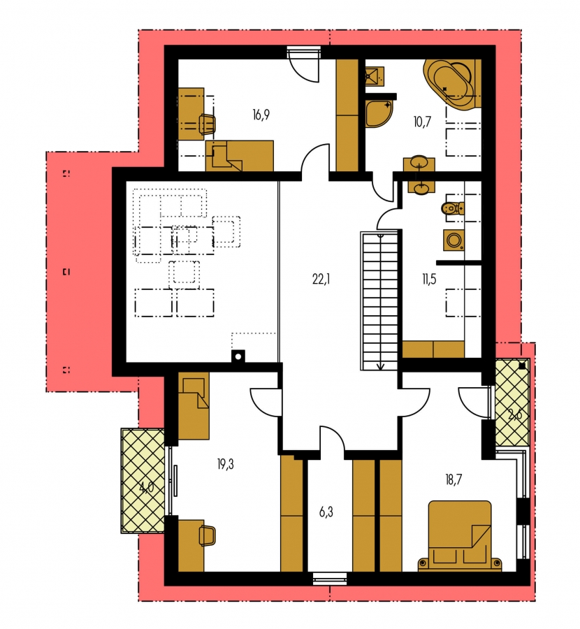 projekt pre priestranný dom s garážou a galériou v obývacej izbe